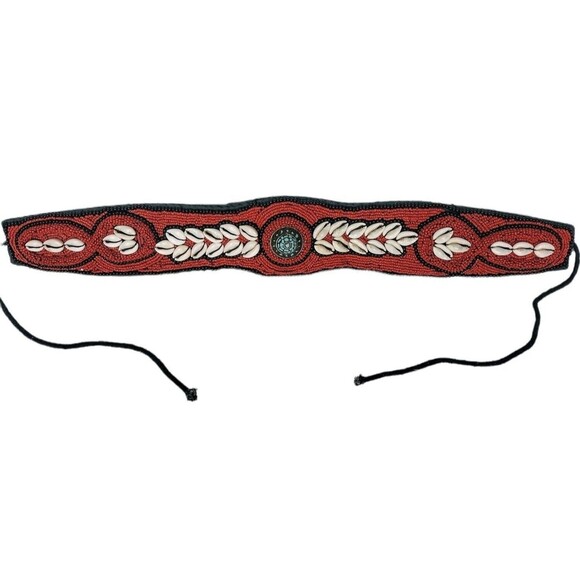Vintage Ladakh Statement Belt Red Coral Seed Bead Turquoise Brass Cowry Shell - Picture 10 of 12